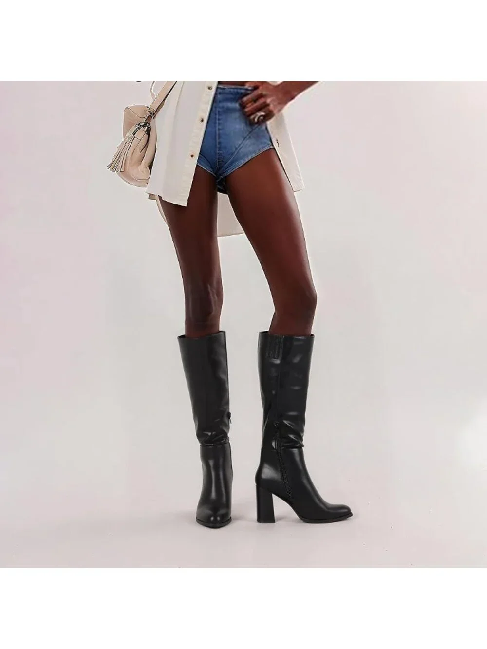 Women's Black Pu Chunky Heeled Round Toe Faux Suede Side Zipper Knee High Boots